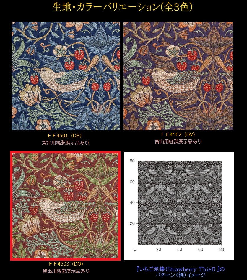 川島織物セルコンの、「ウィリアム・モリス」織物生地で作った、『いちご泥棒』のテーブルランナー納品事例。