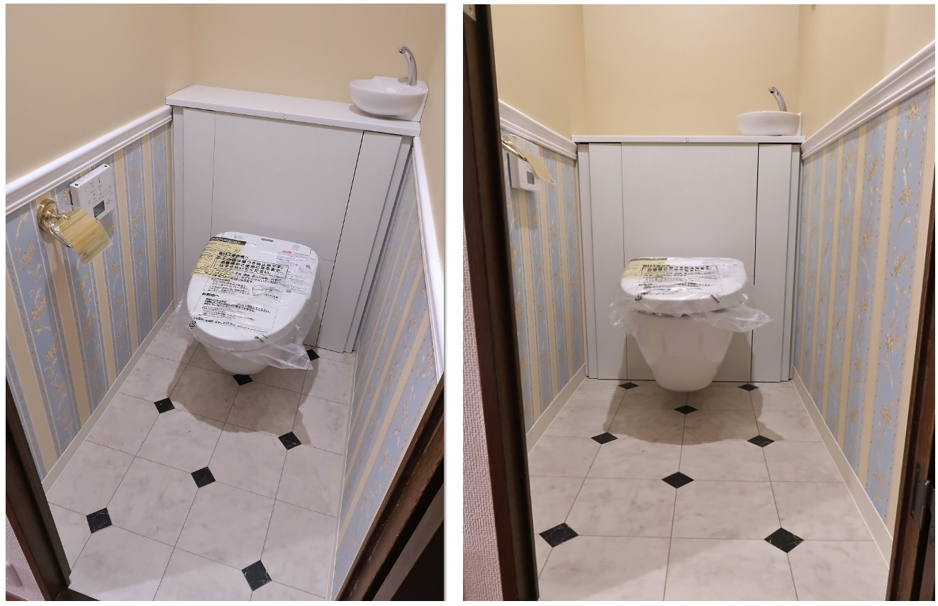 輸入壁紙と装飾チェアレールを使った マンション トイレ の改修工事