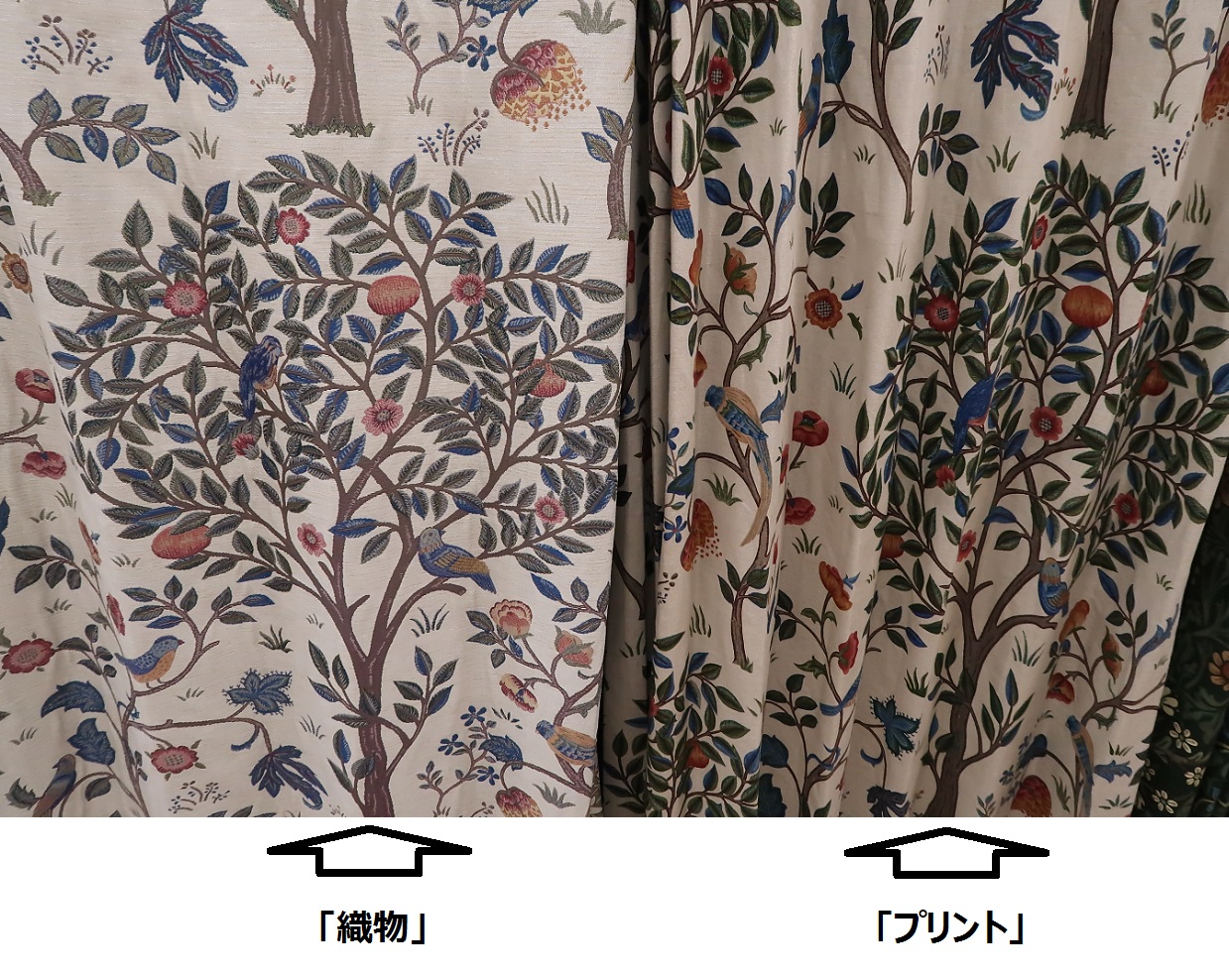 川島織物セルコンの『ケルムスコットツリー』、『いちご泥棒』。ウィリアム・モリスの新作展示品が入荷しました。