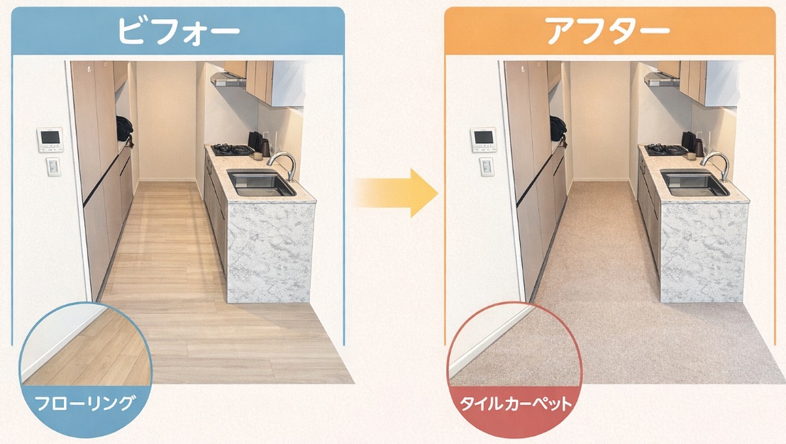 キッチン　タイルカーペット施工