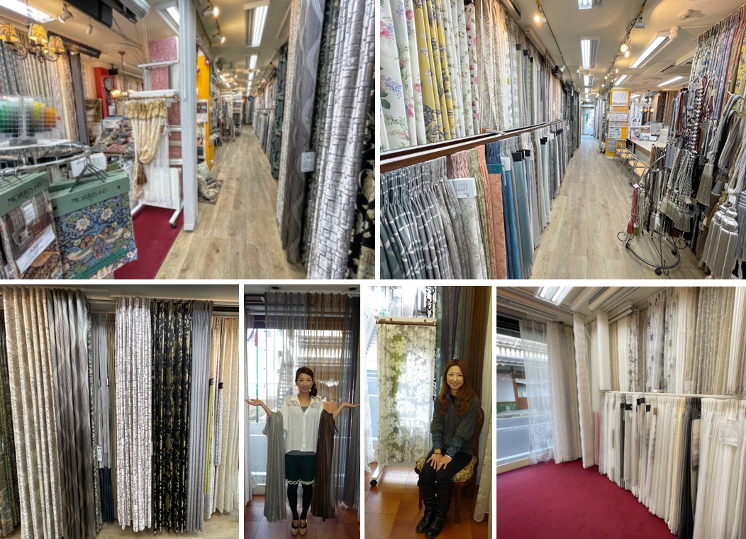 ミツワインテリアの店内で、フジエテキスタイルの人気生地を含む縫製展示品を多数ご用意しております。