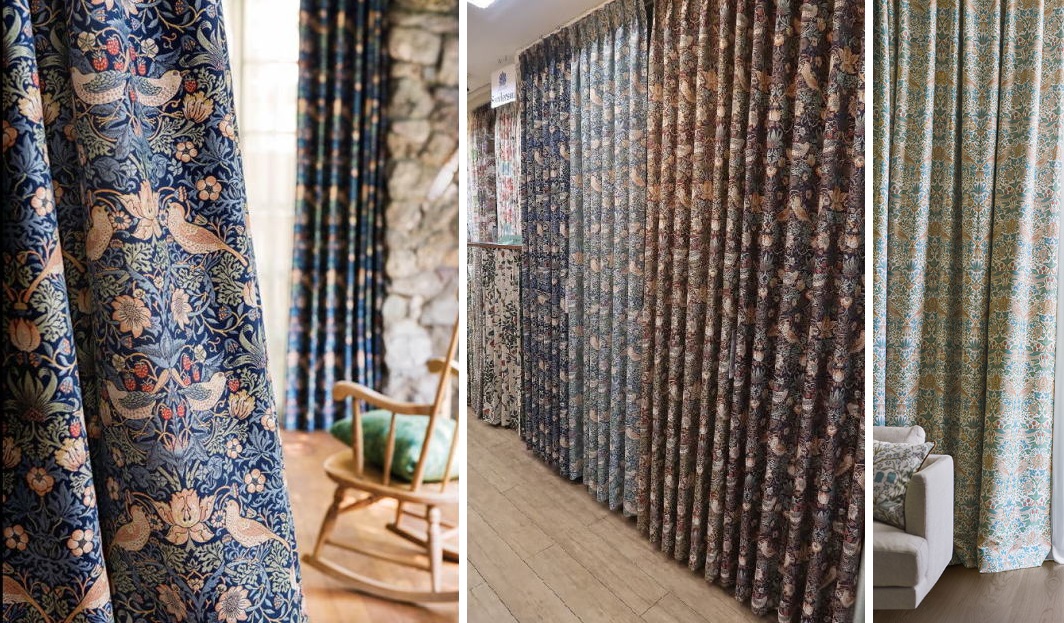 モリスデザインスタジオ『イチゴドロボウ(Strawberry Thief)』カーテン MM3107~MM3110(全4配色)展示イメージ|川島織物セルコン