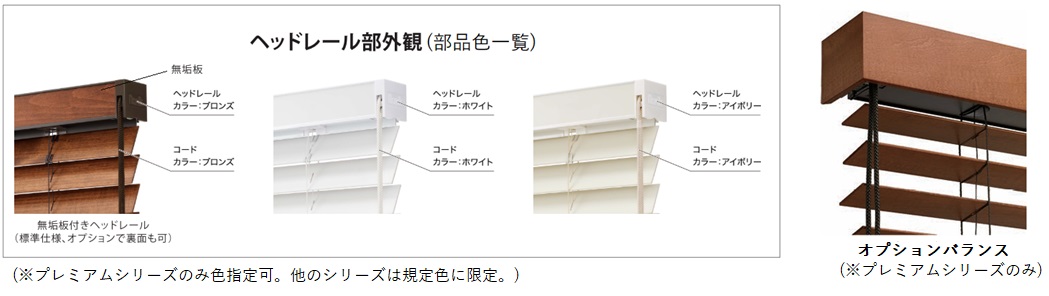 ナニック　ウッドブラインドのヘッドレールバリエーションとオプションバランス