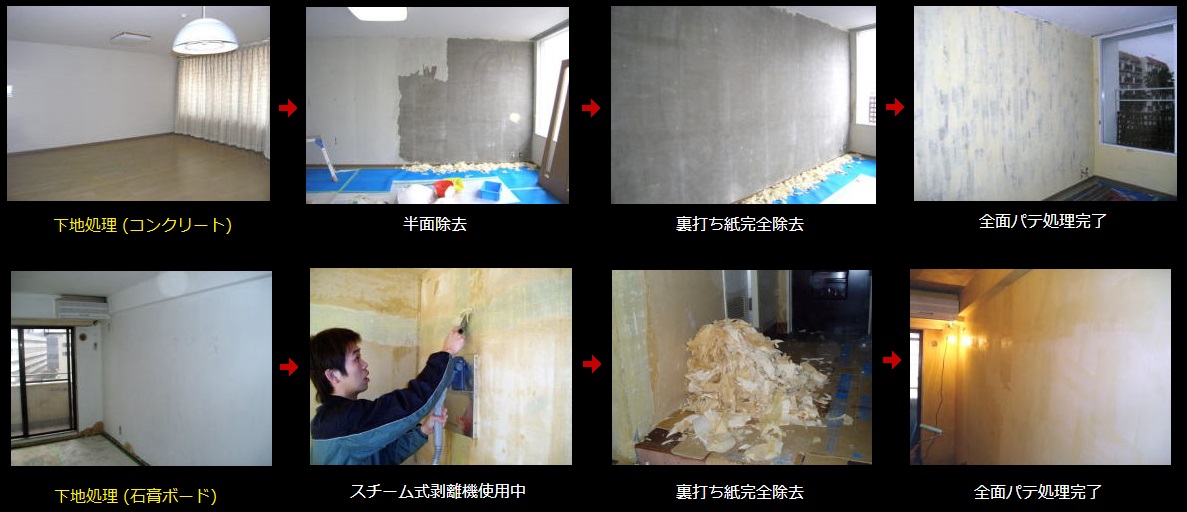 壁紙と裏打ち材の撤去と補修事例