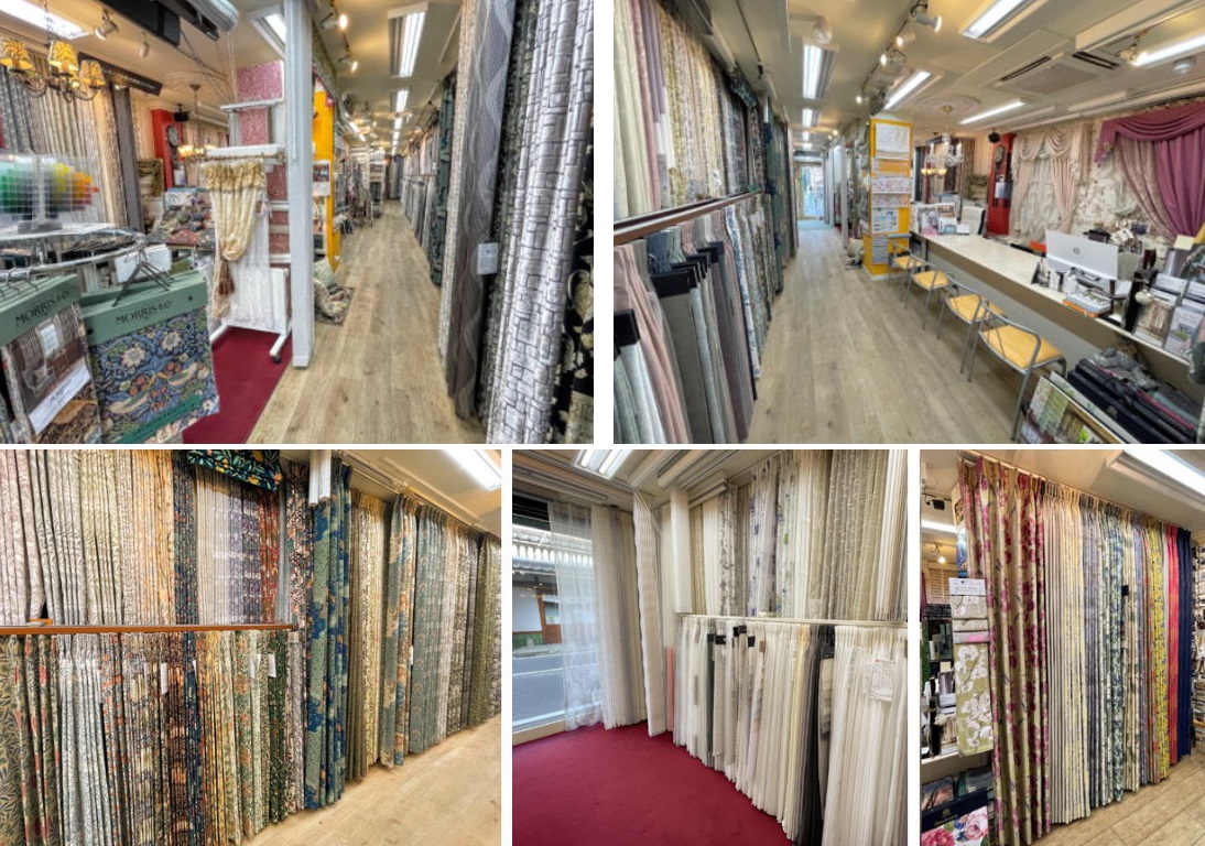 店内写真:スミコ ホンダ(Sumiko Honda)の人気生地を含む縫製展示品を多数展示