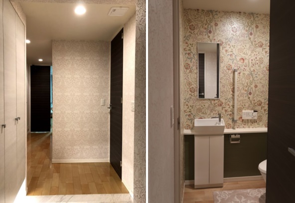 マンションのリビング、玄関、廊下、トイレで輸入壁紙を採用した貼替え事例